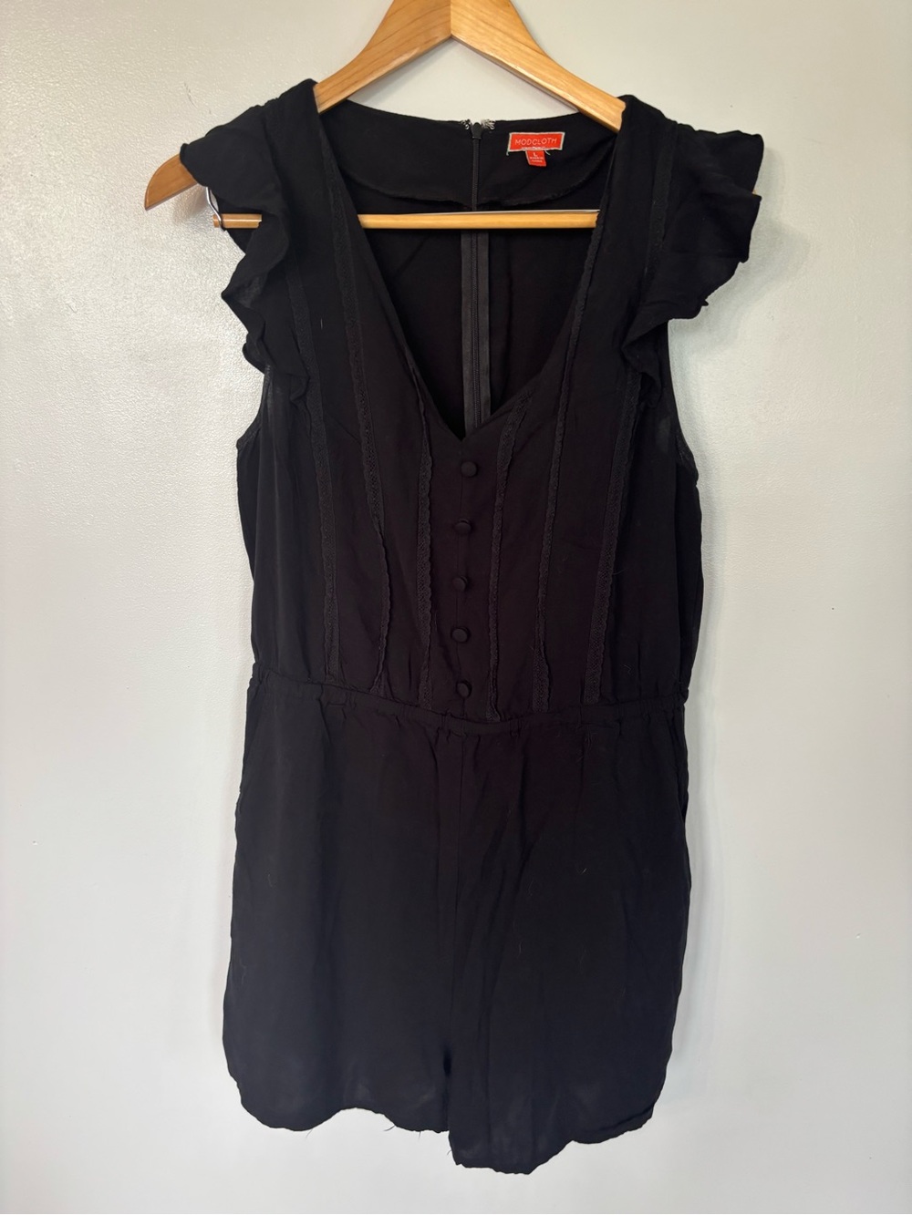 ModCloth Black Romper with Lace-Edged Neckline